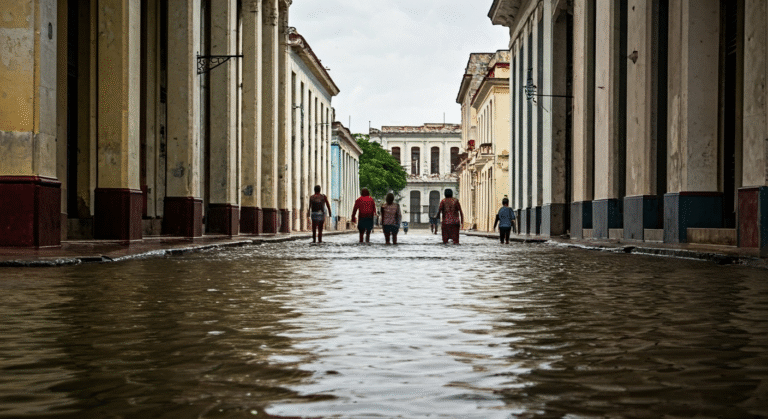 Fotografía de alta calidad de una calle inundada en Centro Habana tras una ligera lluvia, con personas intentando transitar entre el agua estancada, capturando la desesperación de los residentes ante el colapso del sistema de alcantarillado. Estilo documental y realista.