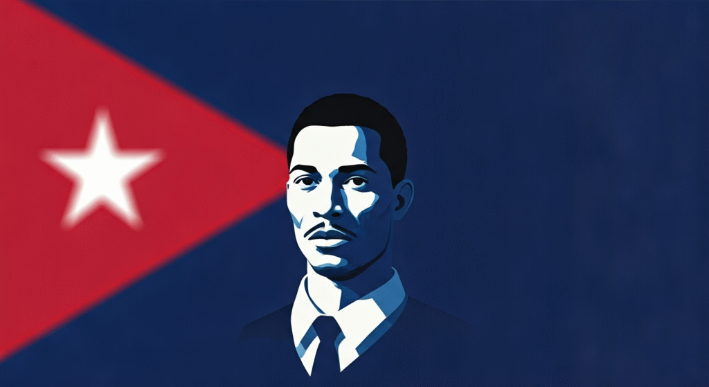 Representación simbólica del suceso de un cubano asesinado por la policía con estilo visual periodístico.