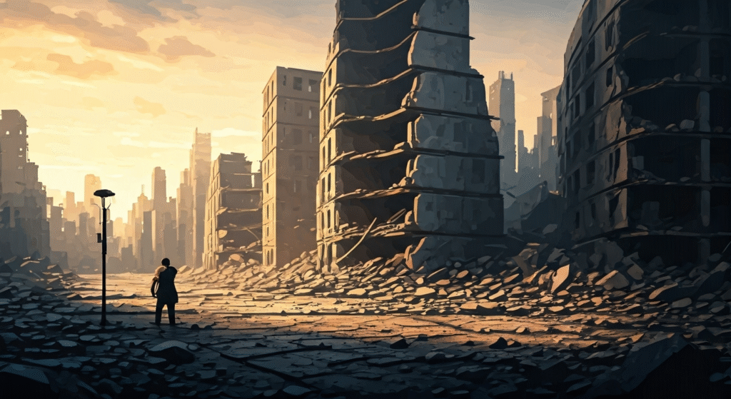 Representación simbólica de la destrucción y resiliencia post-desastre con estilo visual periodístico.