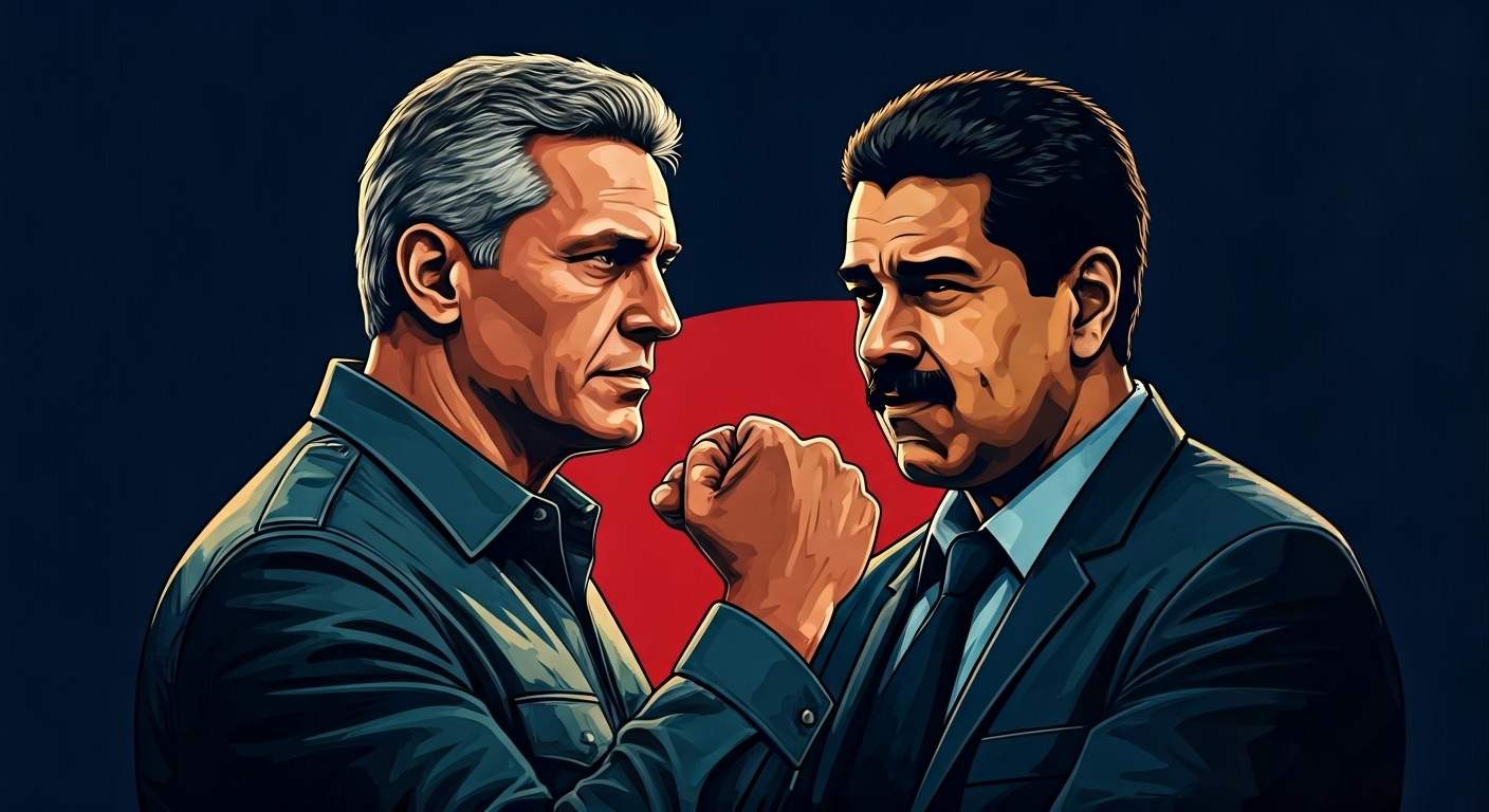 Ilustración editorial de Miguel Díaz-Canel y Nicolás Maduro estrechando manos, simbolizando la alianza estratégica entre Cuba y Venezuela frente a la presión externa, con un estilo de arte digital periodístico.