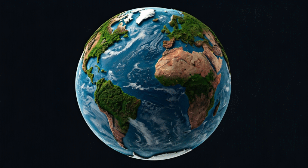 Representación simbólica de la Tierra con continentes desdibujados y océanos turbulentos, enfatizando la fragilidad planetaria.