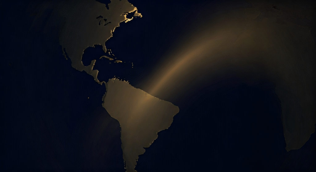 Representación simbólica de la tensión geopolítica en América Latina con énfasis en la intervención militar y diplomática.