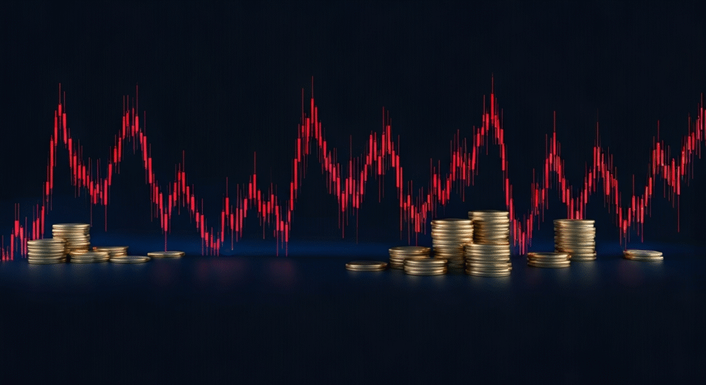 Representación simbólica de la fluctuación de divisas en Cuba con estilo visual periodístico.