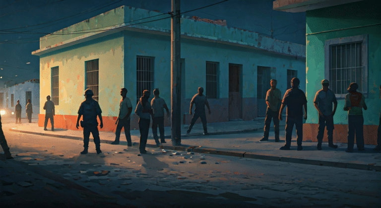 Ilustración editorial de un presunto ladrón atado a un poste en un barrio de Santiago de Cuba, con varios vecinos alrededor y una patrulla policial a la distancia, representando la justicia ciudadana ante la inseguridad, con un estilo de arte digital periodístico.