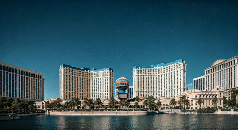 Representación simbólica de la atracción turística en Las Vegas con estilo visual periodístico.
