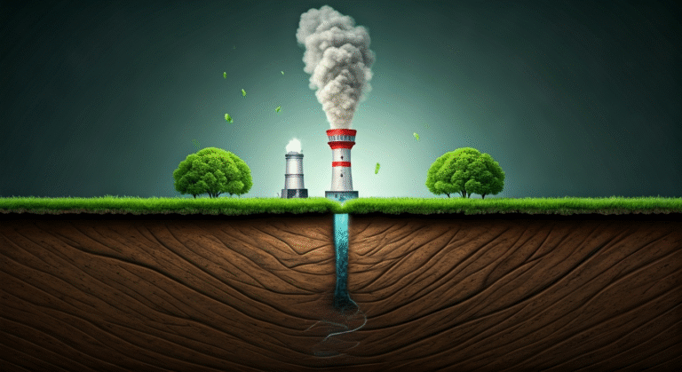 Representación simbólica de la captura de carbono en el subsuelo con estilo visual periodístico.