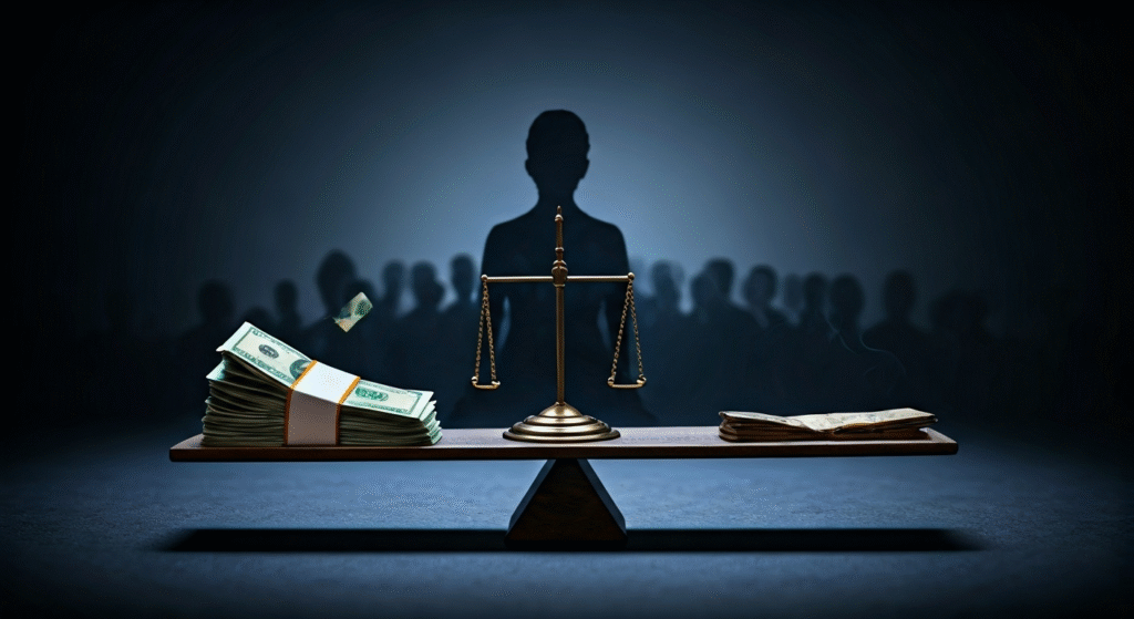 Fotografía conceptual y realista de una balanza de la justicia inclinada, con un puñado de billetes en un lado y una figura sombría del gobierno en el otro, bajo la mirada atenta del pueblo cubano representado por siluetas. Estilo cinematográfico, alta definición.