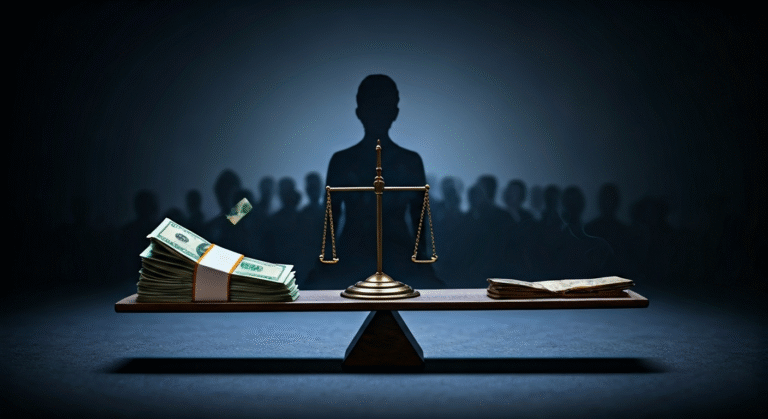 15 Años de Cárcel: Corrupción Sacude Pinar del Río Fotografía conceptual y realista de una balanza de la justicia inclinada, con un puñado de billetes en un lado y una figura sombría del gobierno en el otro, bajo la mirada atenta del pueblo cubano representado por siluetas. Estilo cinematográfico, alta definición.