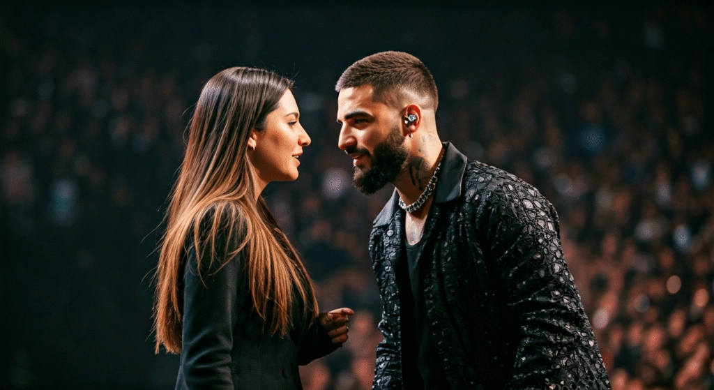 Maluma deteniendo su concierto en México para hablar con una fan sobre su bebé, enfatizando la protección auditiva.