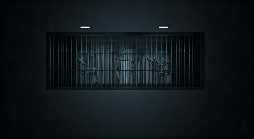 Representación simbólica de la situación legal de centros de detención migratoria con estilo visual periodístico.