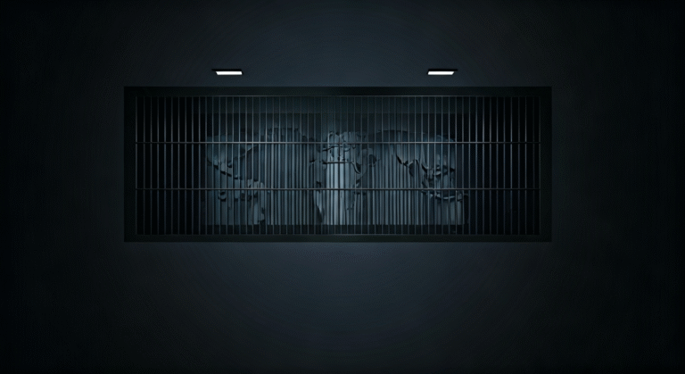 Juez desestima parte de demanda a "Alligator Alcatraz" Representación simbólica de la situación legal de centros de detención migratoria con estilo visual periodístico.