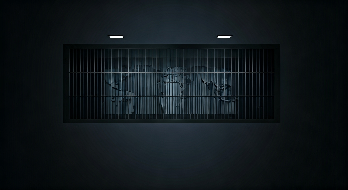 Representación simbólica de la situación legal de centros de detención migratoria con estilo visual periodístico.