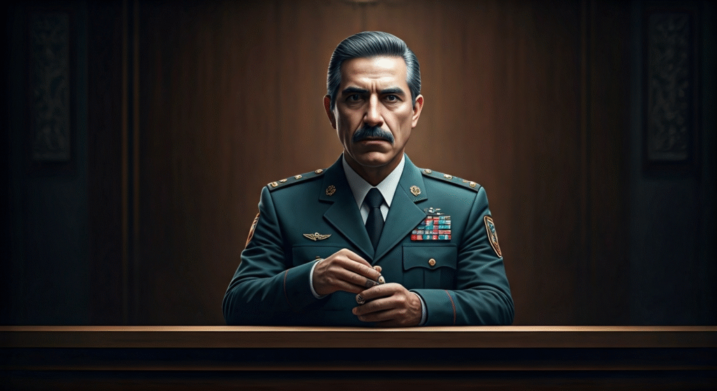 Fotografía conceptual y realista de Jorge Luis Vega García "Veguita", ex teniente coronel del MININT, en un entorno judicial que simboliza su proceso de deportación. Estilo cinematográfico, alta definición.