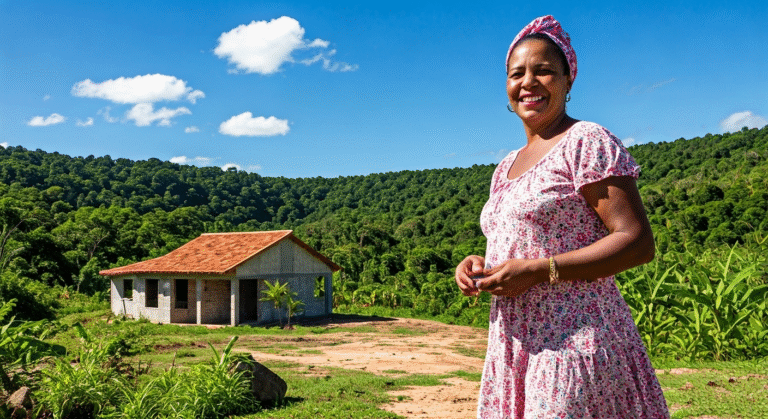 Fotografía fotorrealista de Alicia Laporte, una mujer cubana, sonriendo mientras sostiene un ladrillo, con una casa en construcción detrás de ella en un paisaje verde de Brasil. Estilo documental, alta definición.