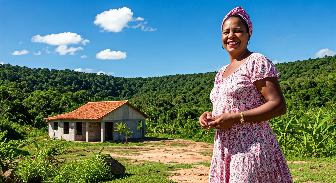 Fotografía fotorrealista de Alicia Laporte, una mujer cubana, sonriendo mientras sostiene un ladrillo, con una casa en construcción detrás de ella en un paisaje verde de Brasil. Estilo documental, alta definición.