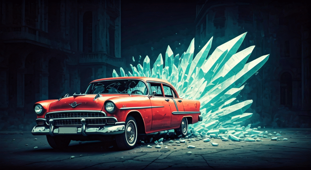 Ilustración editorial de Mucho Mosty junto a un coche con cristales rotos, simbolizando el impacto de la creciente inseguridad en La Habana, con un estilo de arte digital periodístico.