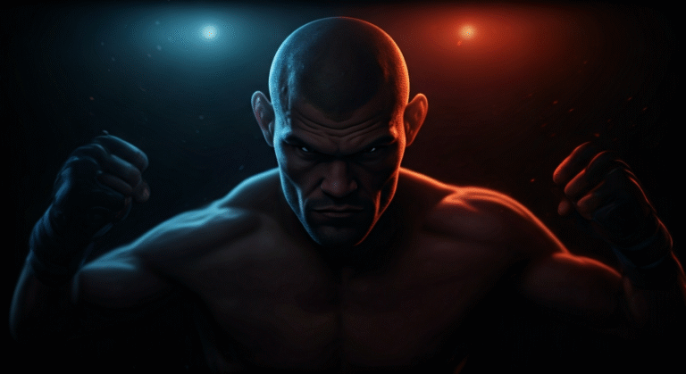 Representación simbólica de la anticipación de una pelea de campeonato en MMA con un estilo visual moderno y enérgico.