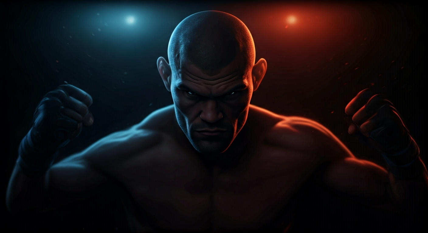 Representación simbólica de la anticipación de una pelea de campeonato en MMA con un estilo visual moderno y enérgico.