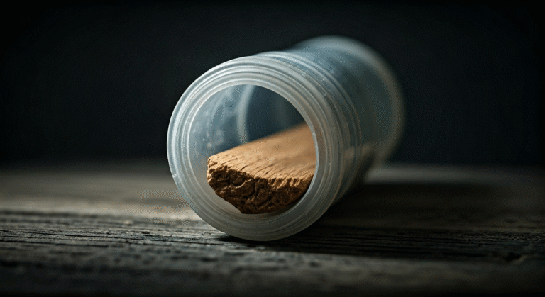 Imagen fotorrealista que representa un tubo de pasta dental parcialmente desenroscado, revelando un trozo de madera en su interior, con un fondo oscuro y una atmósfera de engaño. Iluminación dramática y detalles nítidos.