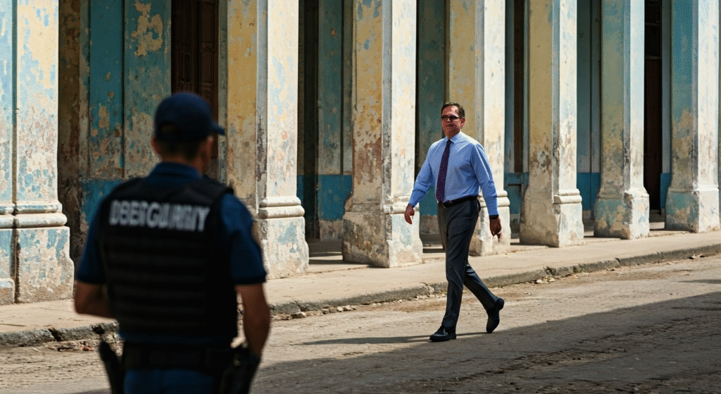 Fotografía fotorrealista de Mike Hammer, diplomático de Estados Unidos, caminando por una calle histórica de Matanzas, Cuba, mientras dos figuras discretas de la Seguridad del Estado lo observan desde la distancia. La imagen evoca un estilo documental con detalles nítidos, mostrando la tensión subyacente de la visita.