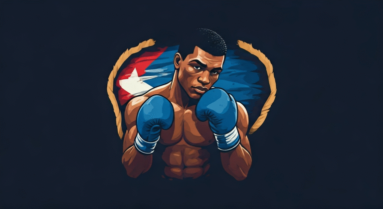 Representación simbólica del boxeo cubano y la lucha por el éxito en el cuadrilátero con un estilo visual periodístico.