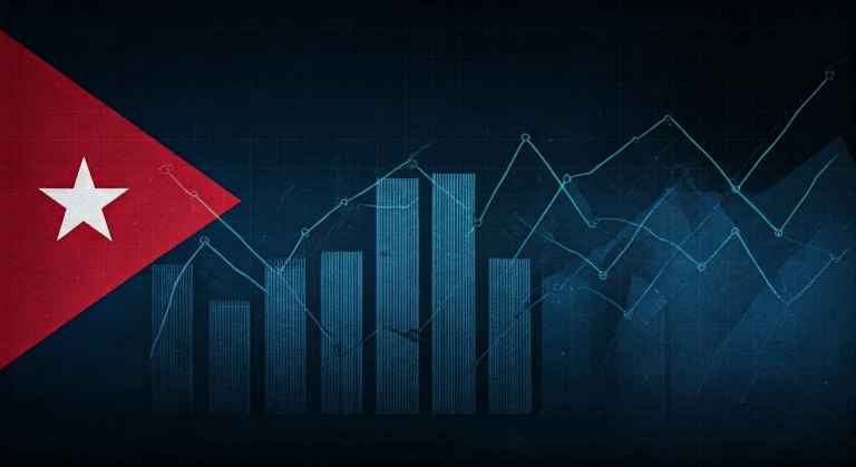 Representación simbólica de la crisis energética en Cuba con un foco en la infraestructura eléctrica y gráficos de déficit, con un estilo visual periodístico.