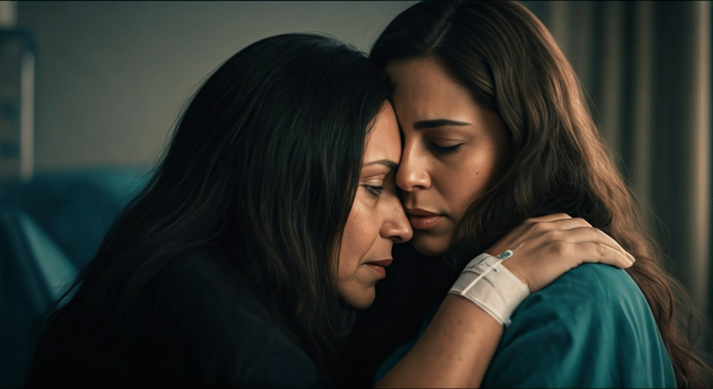 Fotografía conceptual y realista de Niuvis Figueredo, madre de Meral, abrazando a su hija Meral Vaillan Figueredo en un entorno hospitalario, con una expresión de preocupación y esperanza en su rostro. Estilo cinematográfico, alta definición.