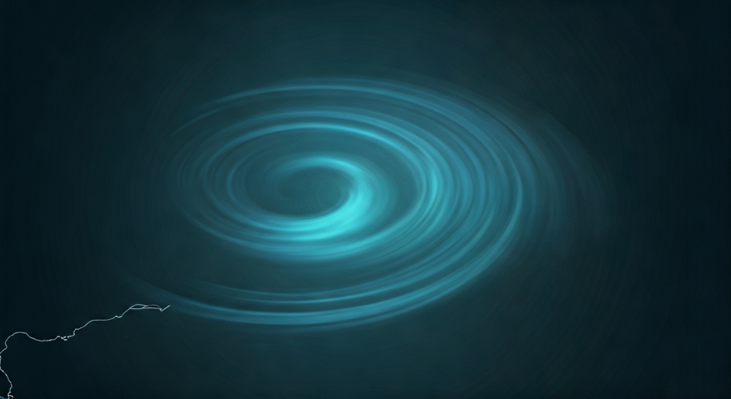 Representación simbólica de un huracán en categoría 3 con estilo visual periodístico, alertando sobre el oleaje y las inundaciones.