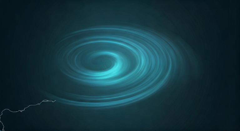 Representación simbólica de un huracán en categoría 3 con estilo visual periodístico, alertando sobre el oleaje y las inundaciones.