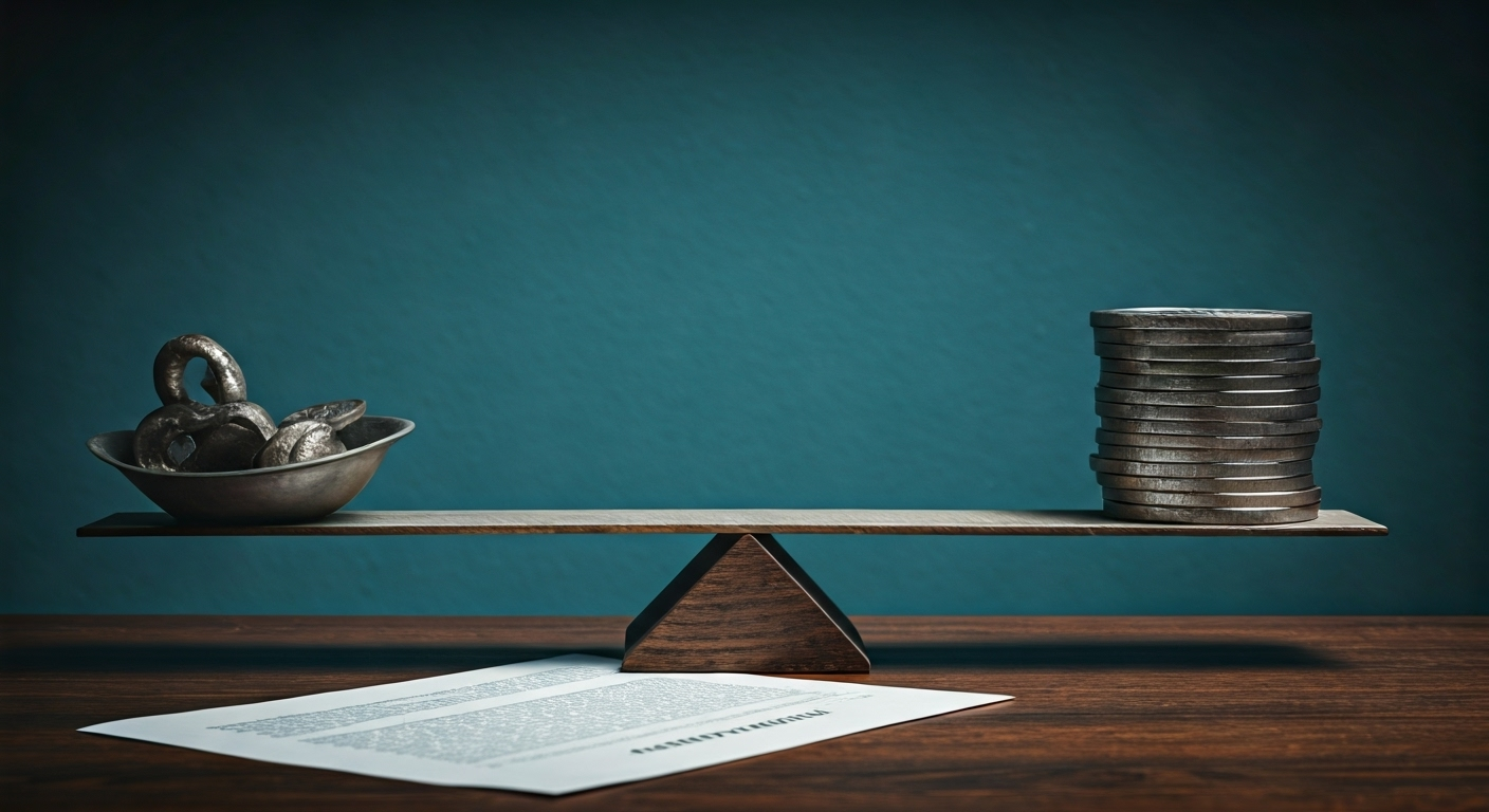 Fotografía conceptual y realista de una balanza desequilibrada con un puñado de pesos cubanos y un expediente judicial, simbolizando la corrupción en Cuba. Estilo cinematográfico, alta definición.