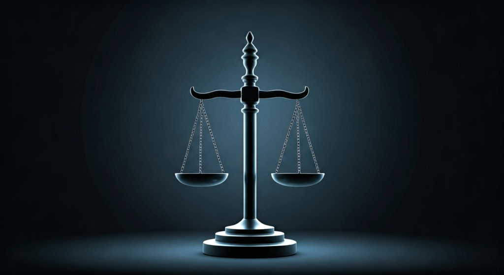 Representación simbólica de la justicia y las redes sociales con estilo visual periodístico.