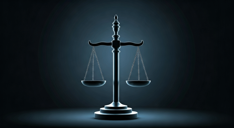 Representación simbólica de la justicia y las redes sociales con estilo visual periodístico.