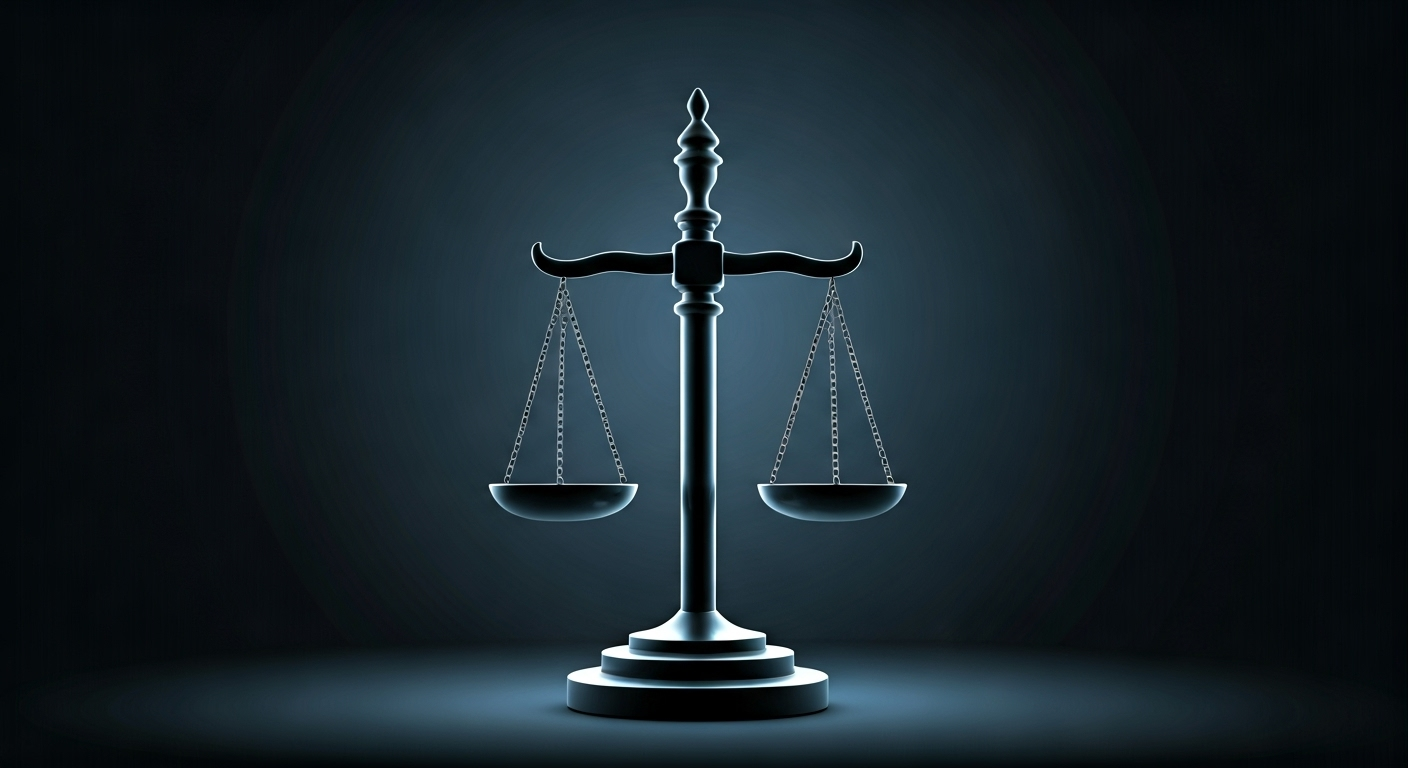Representación simbólica de la justicia y las redes sociales con estilo visual periodístico.