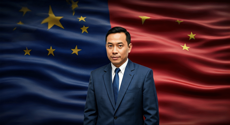 Representación simbólica de la diplomacia comercial entre Estados Unidos y China con estilo visual periodístico.