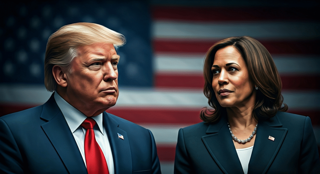 Fotografía conceptual y realista de Donald Trump y Kamala Harris en un entorno político formal, con la bandera estadounidense de fondo, simbolizando una disputa de poder. Estilo cinematográfico, alta definición.