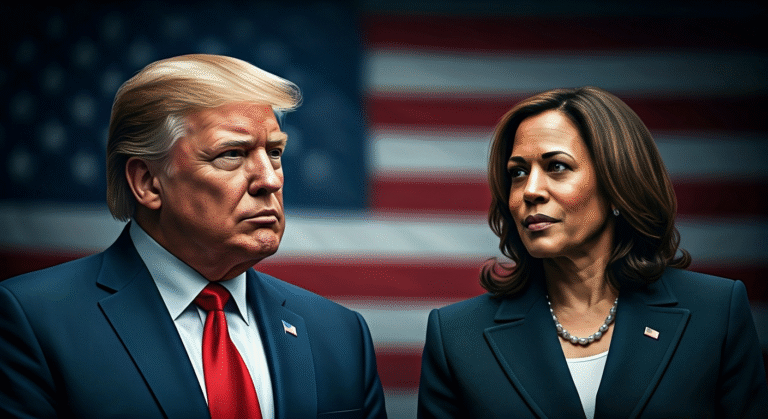 Fotografía conceptual y realista de Donald Trump y Kamala Harris en un entorno político formal, con la bandera estadounidense de fondo, simbolizando una disputa de poder. Estilo cinematográfico, alta definición.