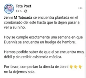 Captura de pantalla de la publicación en Facebook de Jenni M. Taboada, madre del preso político Duannis León Taboada, denunciando el cruel castigo en su contra.