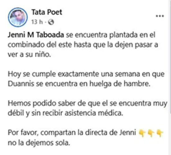 Captura de pantalla de la publicación en Facebook de Jenni M. Taboada, madre del preso político Duannis León Taboada, denunciando el cruel castigo en su contra.