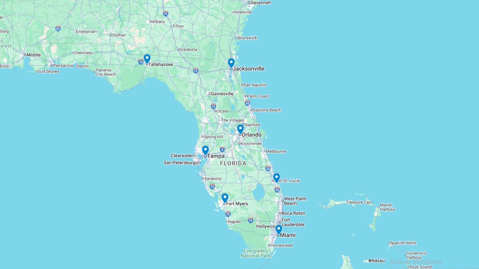 Mapa del estado de Florida con marcadores de ubicación en las 7 ciudades con más detenciones de ICE, incluyendo Miami, Orlando y Tampa.