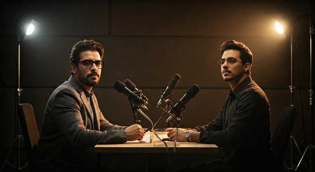 Fotografía conceptual y realista de Sandro Castro y Chocolate MC en un estudio de grabación con micrófonos, sus figuras distantes pero mirándose en un escenario que simboliza una sorprendente alianza artística entre dos mundos opuestos. Estilo cinematográfico, alta definición.