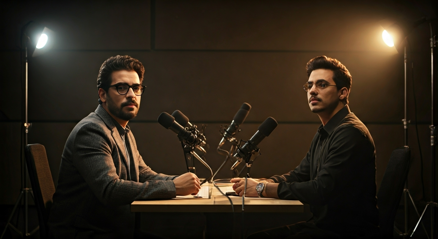 Fotografía conceptual y realista de Sandro Castro y Chocolate MC en un estudio de grabación con micrófonos, sus figuras distantes pero mirándose en un escenario que simboliza una sorprendente alianza artística entre dos mundos opuestos. Estilo cinematográfico, alta definición.