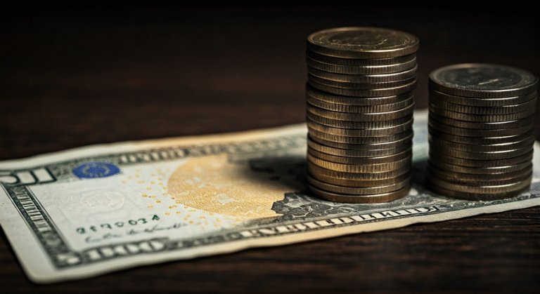 Fotografía conceptual y realista de monedas de euro, dólar y MLC apiladas, con el fondo desenfocado de un billete de peso cubano y la silueta de la isla de Cuba, simbolizando la devaluación y el mercado informal. Iluminación dramática, detalles nítidos.