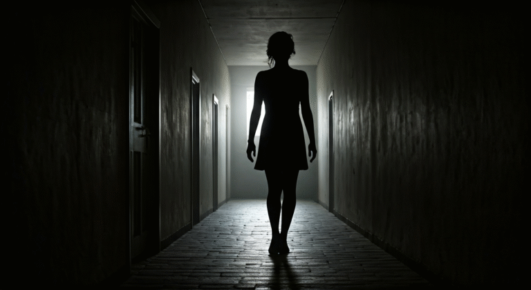 Fotografía conceptual y realista de una silueta humana de pie en un pasillo largo y oscuro, con una única fuente de luz al final creando una atmósfera de terror y suspenso. Estilo cinematográfico, alta definición.