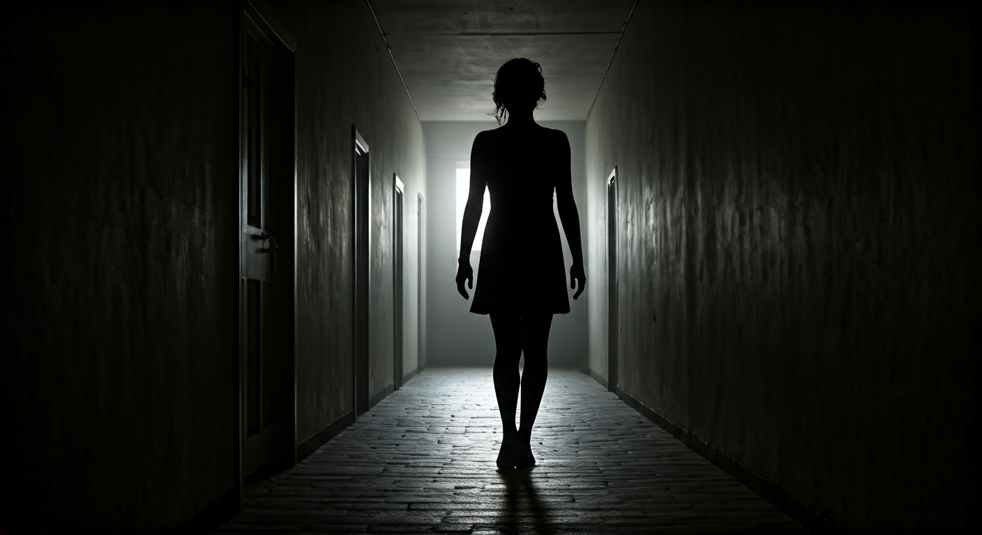 Fotografía conceptual y realista de una silueta humana de pie en un pasillo largo y oscuro, con una única fuente de luz al final creando una atmósfera de terror y suspenso. Estilo cinematográfico, alta definición.