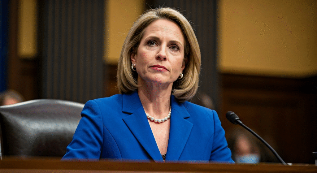Fotografía de alta calidad de Lisa Cook testificando en el Senado de Estados Unidos en junio de 2023, con un enfoque en su expresión seria y profesional, capturando la solemnidad de su nominación como gobernadora de la Fed. Estilo documental y realista.