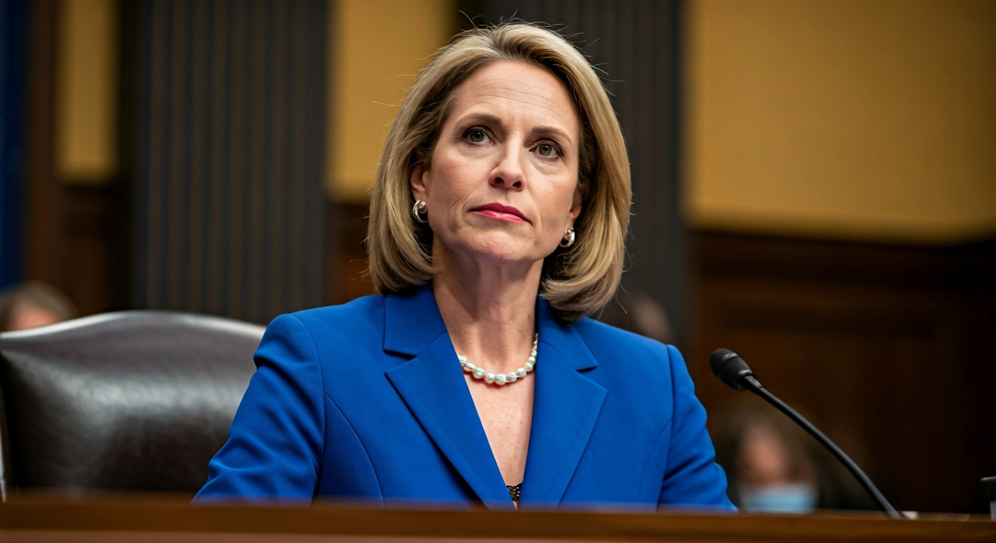 Fotografía de alta calidad de Lisa Cook testificando en el Senado de Estados Unidos en junio de 2023, con un enfoque en su expresión seria y profesional, capturando la solemnidad de su nominación como gobernadora de la Fed. Estilo documental y realista.