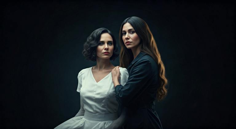 Fotografía conceptual y realista de Marina Fisher y la mujer que la increpó en un supermercado, en una escena que simboliza la tensión por la discriminación lingüística. Estilo cinematográfico, alta definición.