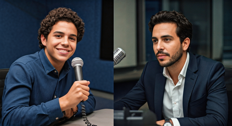 Fotografía conceptual y realista de Sandro Castro, nieto de Fidel, sonriendo con un micrófono en la mano y Destino Tolk, serio y desafiante, en un estudio de radio, con una línea telefónica rota entre ellos que simboliza la división. Estilo cinematográfico, alta definición.