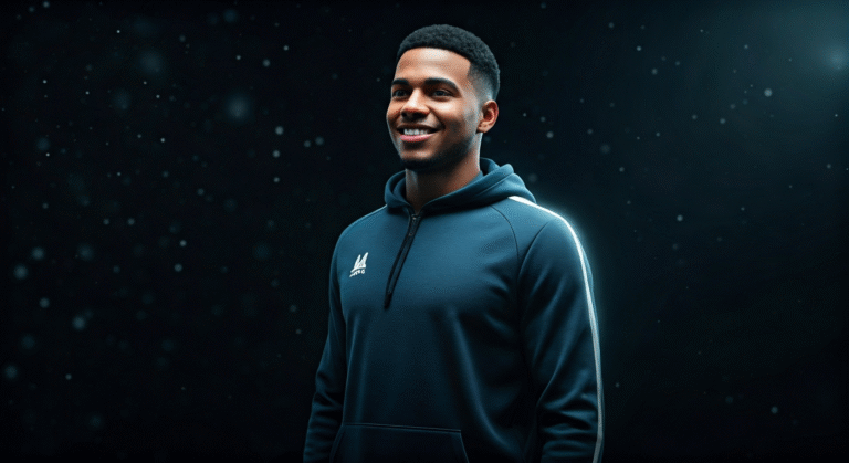 Cubano en Dubái: Emprendimiento, TikTok y la Diáspora Fotografía conceptual y realista de un joven emprendedor cubano en Dubái, con ropa deportiva de su marca, sonriendo y señalando hacia un futuro brillante, con rascacielos al fondo. Estilo cinematográfico, alta definición.