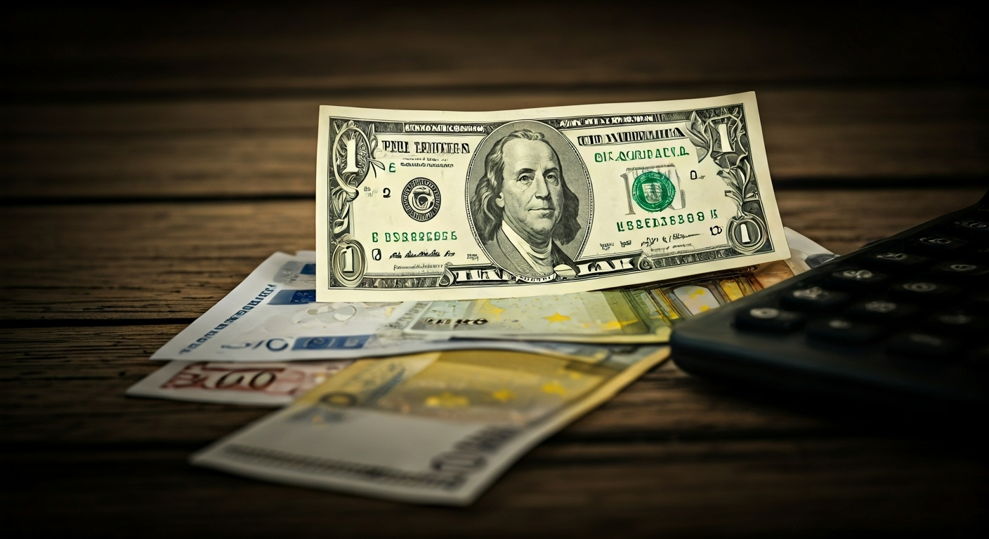 Imagen fotorrealista de billetes de dólares y euros superpuestos sobre pesos cubanos, con un mapa de Cuba de fondo y una calculadora digital, simbolizando la tasa de cambio informal. Iluminación dramática y detalles nítidos.